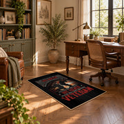Fallen soldier memorial area rug in black, red, cream, and gray, complete product view