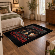 Fallen soldier memorial area rug in black, red, cream, and gray, soft surface detail
