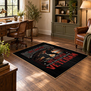 Fallen soldier memorial area rug in black, red, cream, and gray, wood floor styling