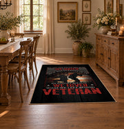 Fallen soldier memorial area rug in black, red, cream, and gray, front room mockup