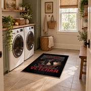 Fallen soldier memorial area rug in black, red, cream, and gray, design detail view