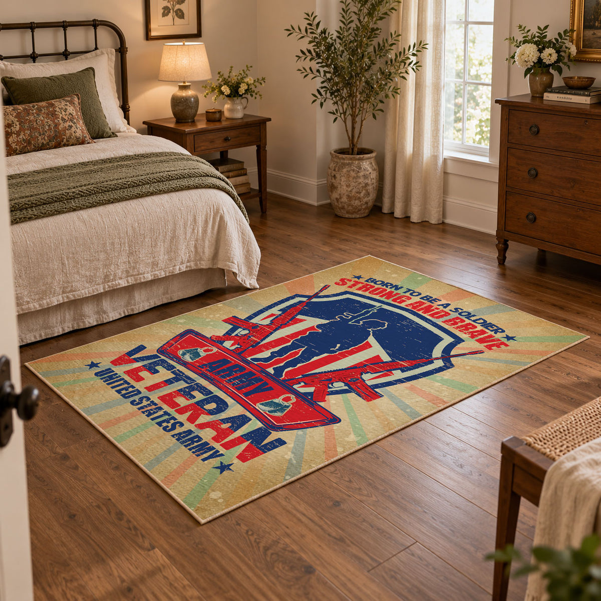 Military service shield area rug in beige, blue, red, and cream, featured room view