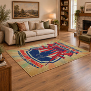 Military service shield area rug in beige, blue, red, and cream, angled room view