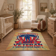 Military service shield area rug in beige, blue, red, and cream, full pattern view