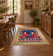 Military service shield area rug in beige, blue, red, and cream, close decorative detail