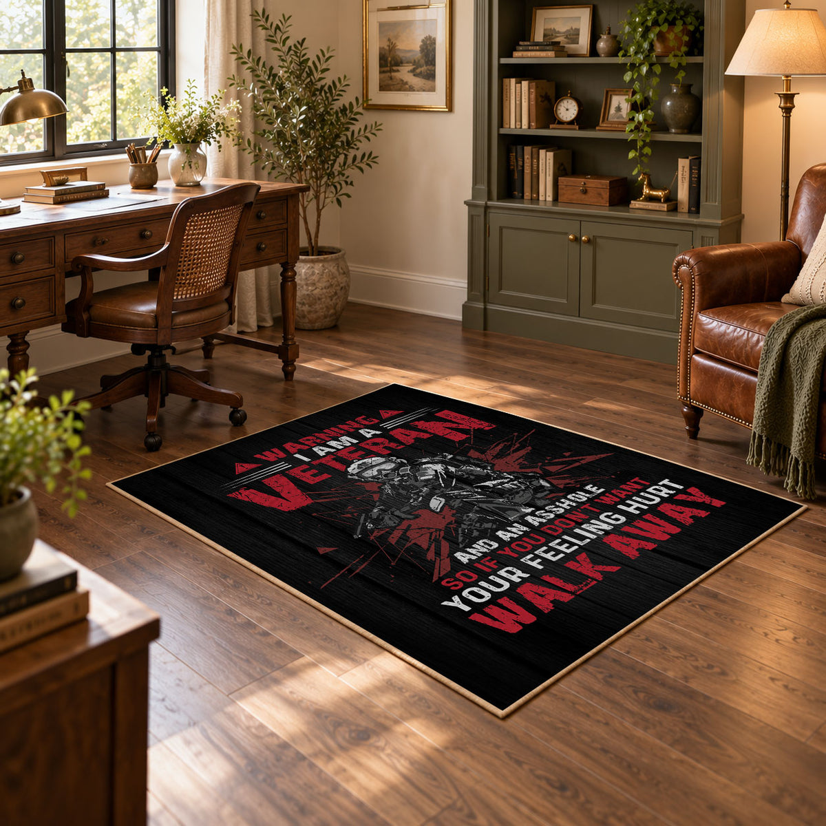 Woman veteran tribute area rug in black, red, gray, and cream, featured room view