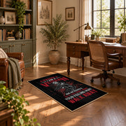 Woman veteran tribute area rug in black, red, gray, and cream, complete product view