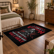 Woman veteran tribute area rug in black, red, gray, and cream, soft surface detail