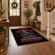 Woman veteran tribute area rug in black, red, gray, and cream, wood floor styling
