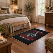Soldier veteran honor area rug in black, red, gray, and cream, complete product view