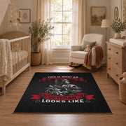 Soldier veteran honor area rug in black, red, gray, and cream, full pattern view