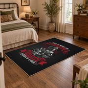 Soldier veteran honor area rug in black, red, gray, and cream, soft surface detail