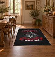 Soldier veteran honor area rug in black, red, gray, and cream, front room mockup