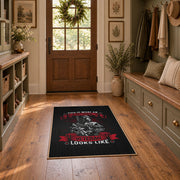 Soldier veteran honor area rug in black, red, gray, and cream, wide interior view