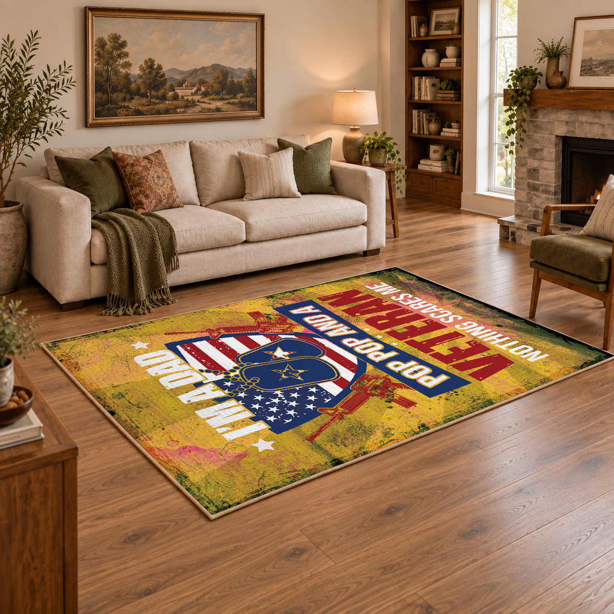 American freedom eagle area rug in yellow, red, blue, and cream, featured room view