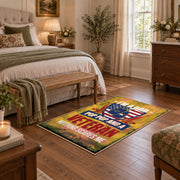 American freedom eagle area rug in yellow, red, blue, and cream, cozy home setting