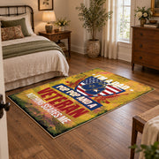 American freedom eagle area rug in yellow, red, blue, and cream, full pattern view