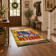 American freedom eagle area rug in yellow, red, blue, and cream, wood floor styling