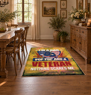 American freedom eagle area rug in yellow, red, blue, and cream, close decorative detail