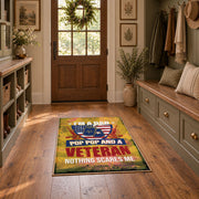 American freedom eagle area rug in yellow, red, blue, and cream, front room mockup