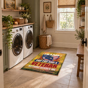 American freedom eagle area rug in yellow, red, blue, and cream, wide interior view