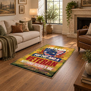 American freedom eagle area rug in yellow, red, blue, and cream, design detail view