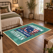 Proud American veteran area rug in teal, red, white, and blue, featured room view