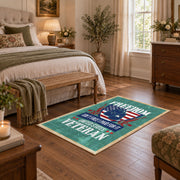 Proud American veteran area rug in teal, red, white, and blue, cozy home setting