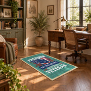 Proud American veteran area rug in teal, red, white, and blue, complete product view
