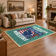 Proud American veteran area rug in teal, red, white, and blue, angled room view