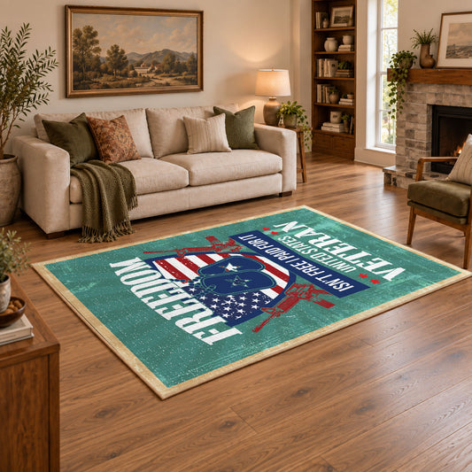 Proud American veteran area rug in teal, red, white, and blue, angled room view