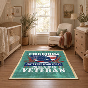 Proud American veteran area rug in teal, red, white, and blue, full pattern view