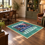 Proud American veteran area rug in teal, red, white, and blue, soft surface detail