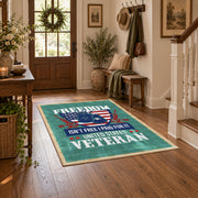 Proud American veteran area rug in teal, red, white, and blue, wood floor styling