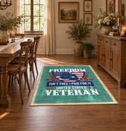 Proud American veteran area rug in teal, red, white, and blue, close decorative detail