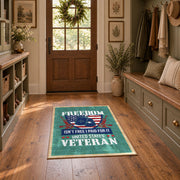 Proud American veteran area rug in teal, red, white, and blue, front room mockup