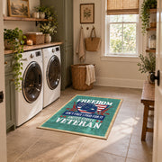 Proud American veteran area rug in teal, red, white, and blue, wide interior view