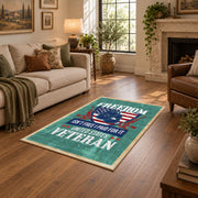 Proud American veteran area rug in teal, red, white, and blue, design detail view