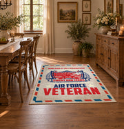 Veteran air mail graphic area rug in cream, red, blue, and black, front room mockup