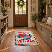 Veteran air mail graphic area rug in cream, red, blue, and black, wide interior view
