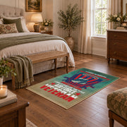 Veteran dad tribute area rug in teal, red, blue, and cream, cozy home setting