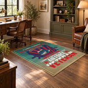 Veteran dad tribute area rug in teal, red, blue, and cream, wood floor styling