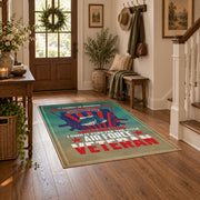 Veteran dad tribute area rug in teal, red, blue, and cream, close decorative detail