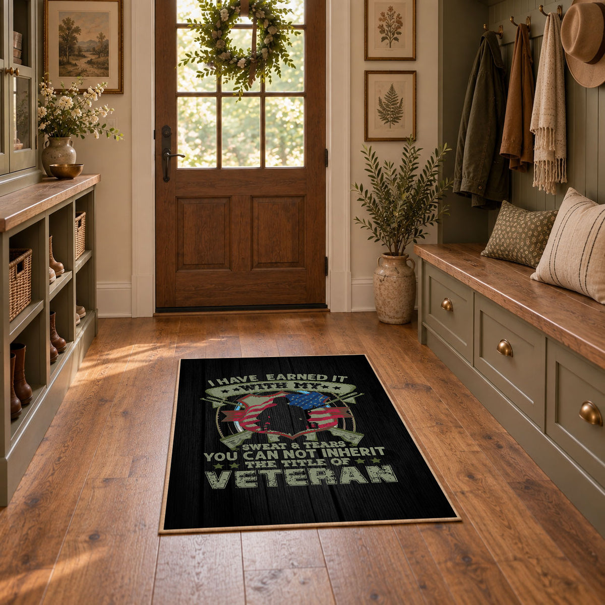 Military family honor area rug in black, green, red, and cream, featured room view