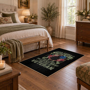 Military family honor area rug in black, green, red, and cream, cozy home setting