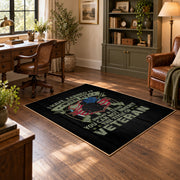 Military family honor area rug in black, green, red, and cream, wood floor styling