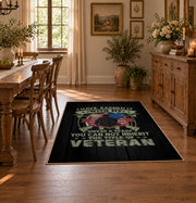 Military family honor area rug in black, green, red, and cream, front room mockup