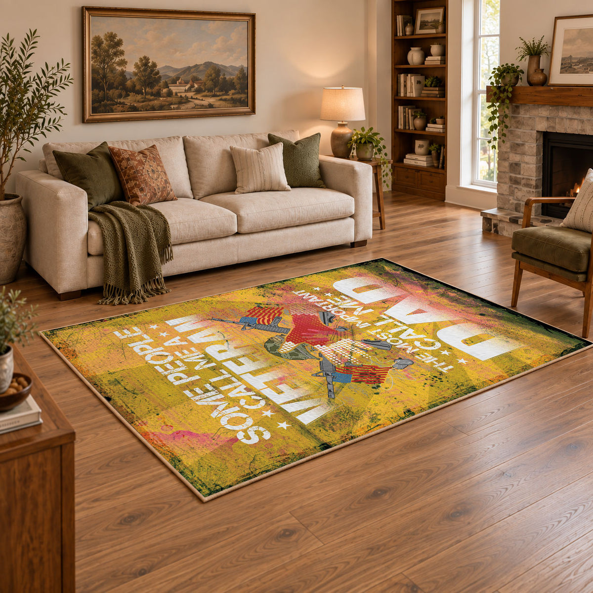 Proud soldier family area rug in yellow, green, orange, and cream, featured room view