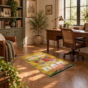 Proud soldier family area rug in yellow, green, orange, and cream, complete product view