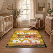 Proud soldier family area rug in yellow, green, orange, and cream, angled room view